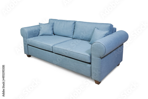 Modern sofa made of blue fabric with wooden legs isolated on a white background
