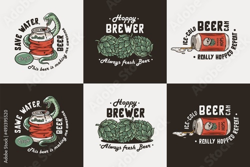 Beer collection or set of beer can with snake and hop for brewery. Hop for alcohol craft bar