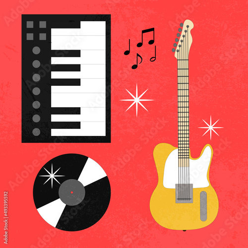 Music set. Illustration of syntezator, electric guitar, vinyl, notes and stars. Retro style. 70s, 80s, 90s. Design for card, logo, posters, invitation, web and print use  photo