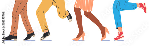 People Walking in Modern Shoes. Set of Various Female and Male Shoes with Feet. Boots, Sneakers, Heels. Girl and Boy Footwear. Different Woman and Man Shoes. Cartoon Flat Vector Illustration
