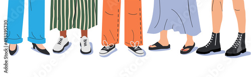 Collection of Woman Legs in Stylish Sneakers. Set of Various Female Shoes with Feet. Boots, Sneakers, Oxford, Boat, Topsider. Girl Footwear. Different Female Shoes. Cartoon Flat Vector Illustration