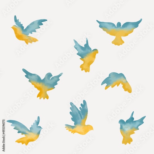Ukrainian doves of peace in a different poses, not war, icons isolated on white