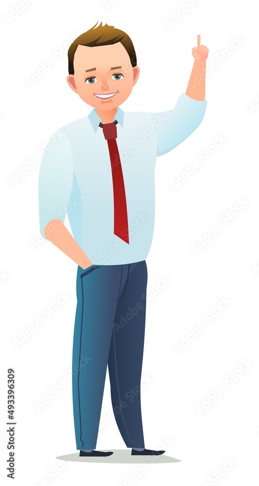 Pretty boy student. Cheerful guy. Standing pose. Cartoon flat design in comic style. Single character. Illustration isolated on white background. Vector Pretty boy student. Cheerful guy. Standing pose. Cartoon flat design in comic style. Single character. Illustration isolated on white background. Vector