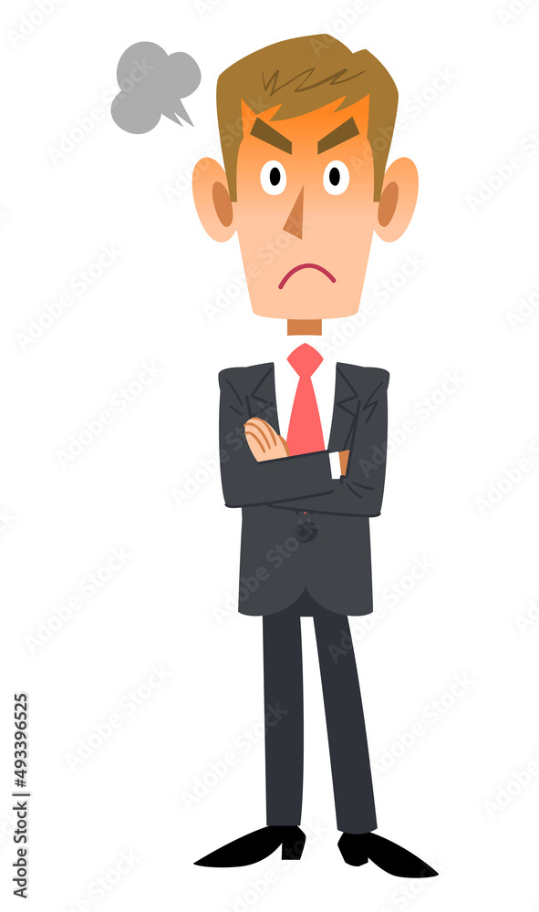 腕組みして怒る若いビジネスマンの全身
