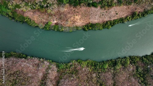 AERIAL - Boats on Grijalva River, Sumidero Canyon, Chiapas, Mexico, static top down photo
