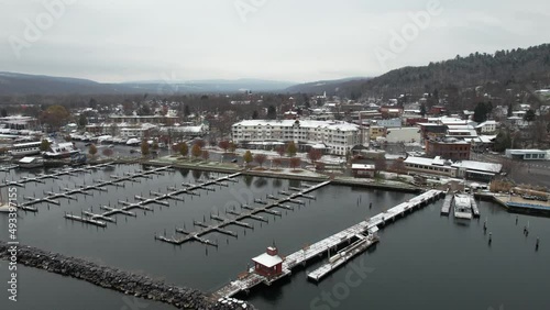 Watkins Glen Harbor on Seneca Lake, New York State USA. Drone Aerial View of Boats and Buildings in Winter Season photo