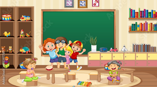 Scene with children playing in classroom