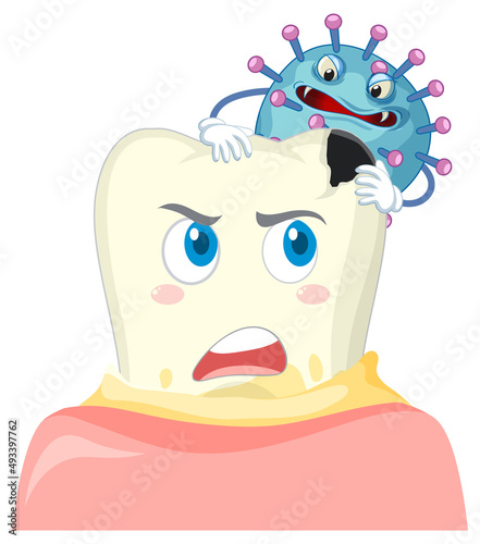 Cartoon tooth decay with bacteria on blue background