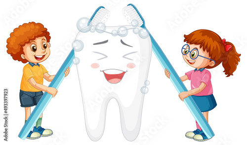 Happy kids brushing a big tooth with a toothbrush on white background