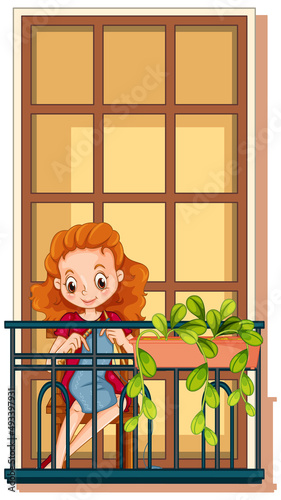 A woman knitting on the balcony