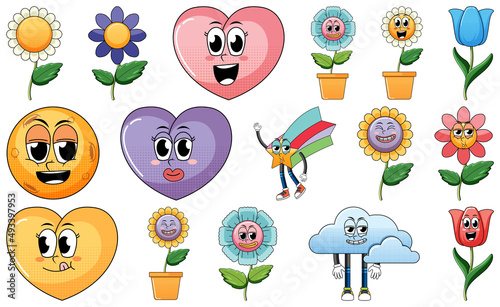 Set of facial expression with vintage style food cartoon on white background