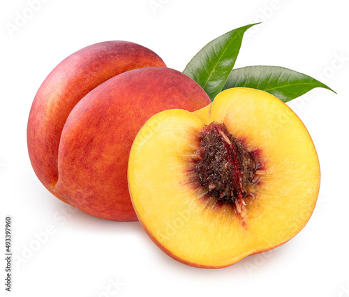 Fresh Yellow Peach with leaf isolated on white background, Yellow Peach on White Background With clipping path.