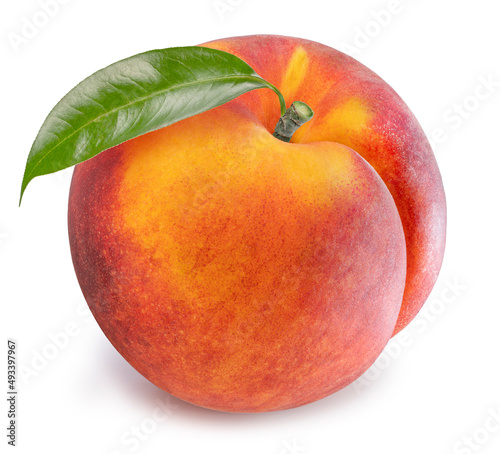 Fresh Yellow Peach with leaf isolated on white background, Yellow Peach on White Background With clipping path.