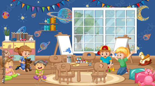 Scene with many kids playing in classroom