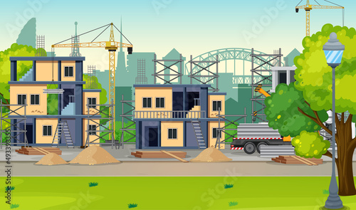 Cartoon scene of building construction site