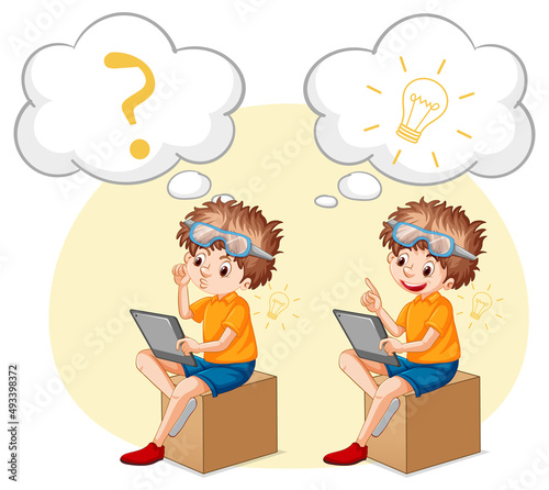 A kid playing iPad with speech bubble