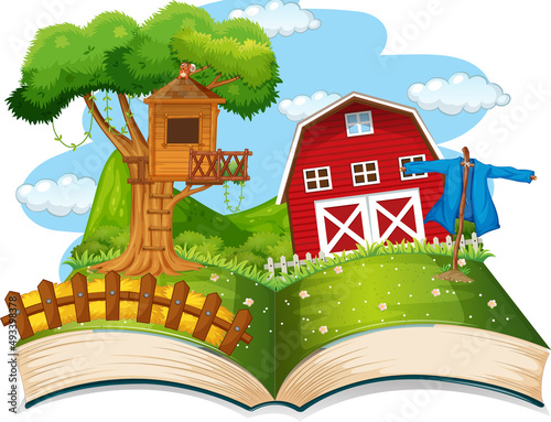 Farm scene with red barn and treehouse