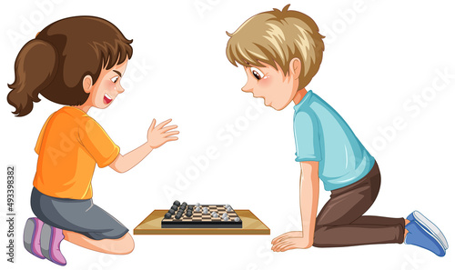 A children playing board game on white background