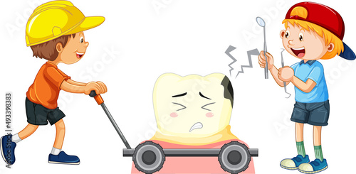 Children checking for tooth decay on white background