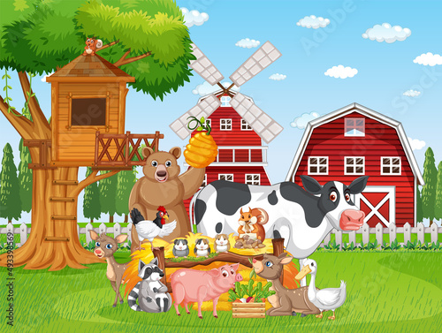 Farm scene with many farm animals