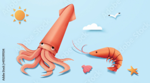 Squid and shrimp at beach elements