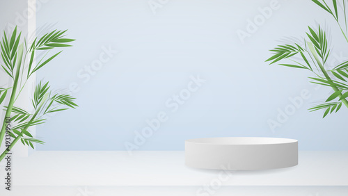 Product display with white podiums and bamboo leaves and tropical  blue background fresh mind   illustration 3d Vector EPS 10