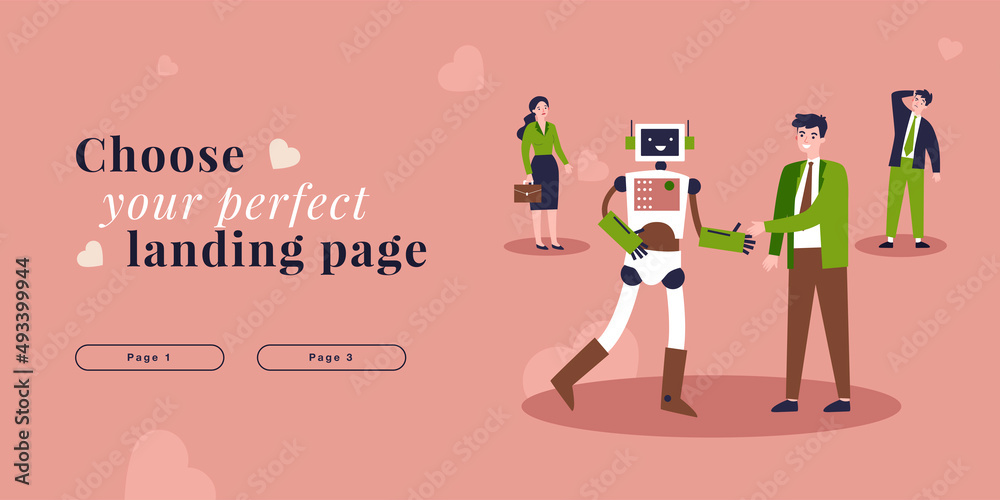 Boss shaking hands with robot, standing near office workers. AI replacing human employees flat vector illustration. Unemployment, automation concept for banner, website design or landing web page