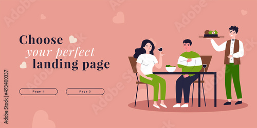 Couple sitting at table in restaurant eating food and drinking wine. Waiter carrying order to clients flat vector illustration. Date, service concept for banner, website design or landing web page