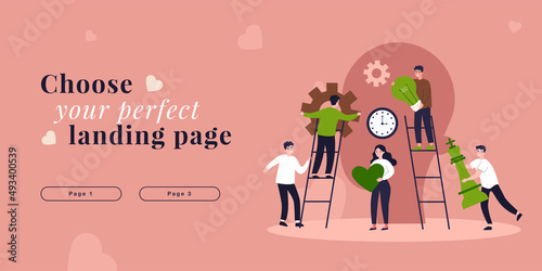 Cooperation of people on brainstorm process in abstract head. Teamwork tiny persons with information flat vector illustration. Creative strategy concept for banner, website design or landing web page