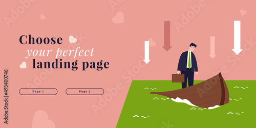 Despair, stress and risk of businessman in sinking broken boat. Financial problem of man flat vector illustration. Crisis, bankruptcy, accident concept for banner, website design or landing web page