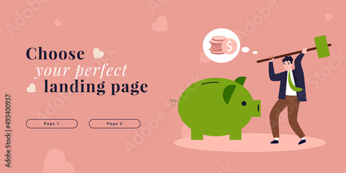 Businessman breaking piggy bank with hammer. Poor sad tiny man in need of money flat vector illustration. Poverty, inflation, financial crisis concept for banner, website design or landing web page