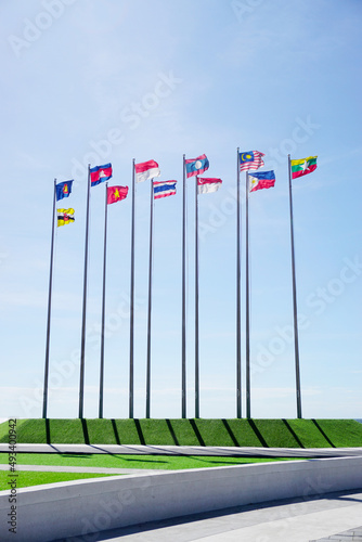 Group of nation flags (ASEAN) with blue sky background