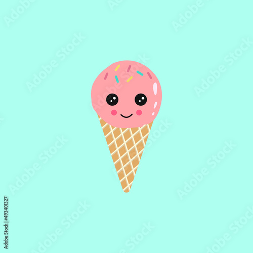 Ice cream in kawai style with strawberry flavor. Waffle tube. Waffle tube 