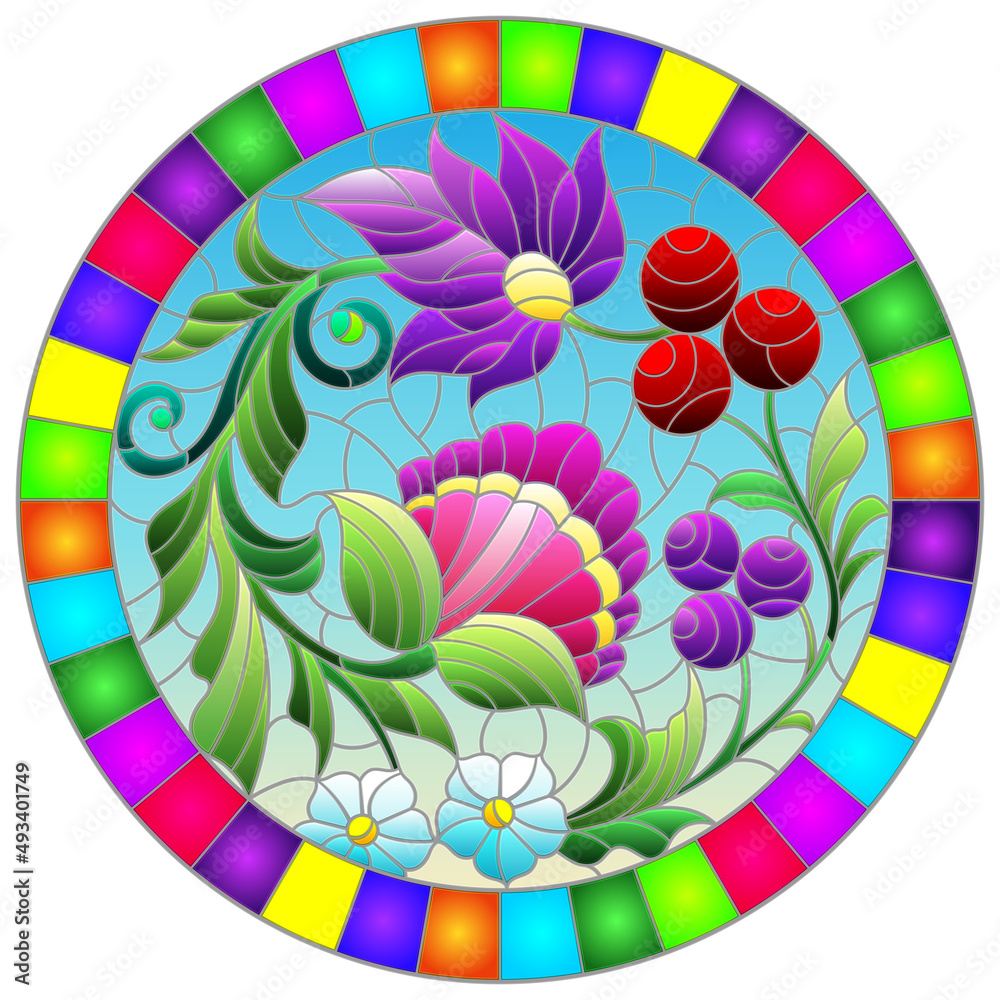 Fototapeta premium Illustration in the style of stained glass with floral ornament, flowers, leaves and berries in a bright frame, round image