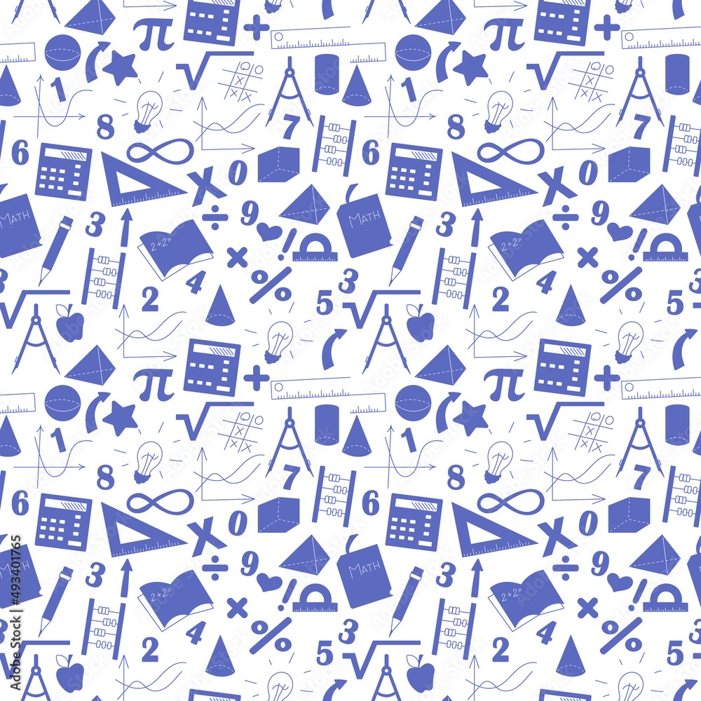 Seamless background with formulas and charts on the topic of mathematics and education, a blue silhouettes of icons on the light background Seamless background with formulas and charts on the topic of mathematics and education, a blue silhouettes of icons on the light background