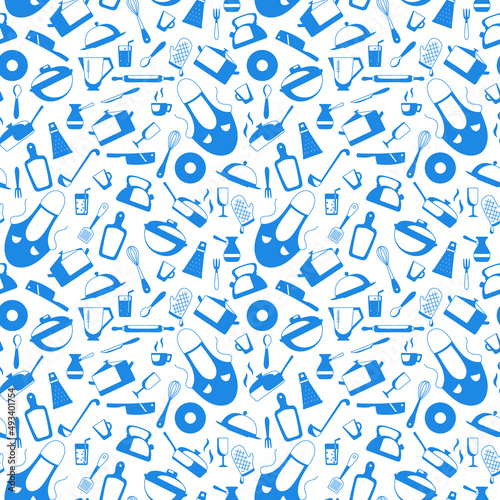 Seamless pattern on the theme of cooking and kitchen utensils, simple contour icons,a blue silhouettes of icons on white background 