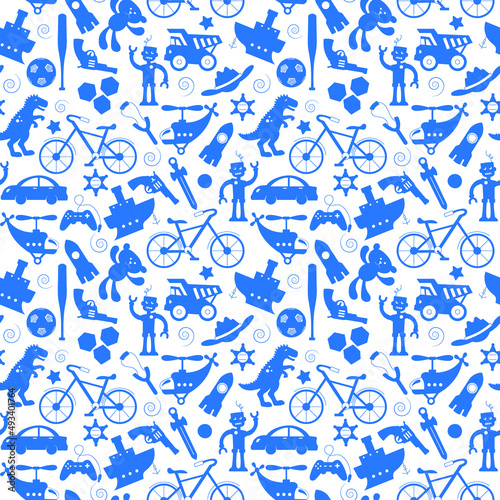 Seamless pattern on the theme of childhood and toys  toys for boys  blue silhouettes icons on a white  background 