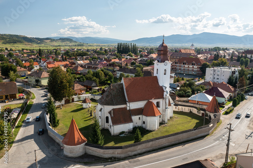 Gheorgheni in Romania aerial view. The Armenian Catholic Church in Gheorgheni. 