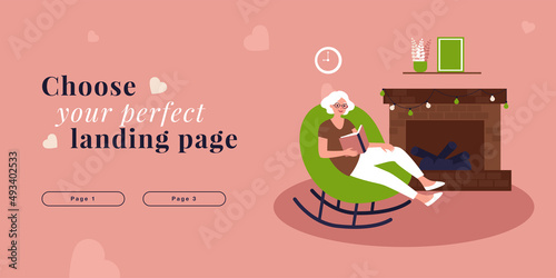 Grandmother holding book sitting in rocking chair by fireside. Woman of old age reading flat vector illustration. Holiday, daily winter routine concept for banner, website design or landing web page