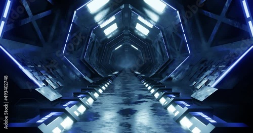 3d rendering seamless loop of sci fi corridor with blue neon light. Concept futuristic spaceship hallway motion graphic.