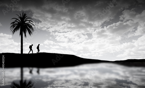 Silhouette of two people and tree in  a dreamlike context - treking with grey background- single white cloud	