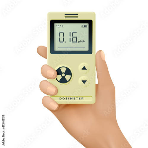 Realistic dosimeter in hand. Vector 3D illustration.