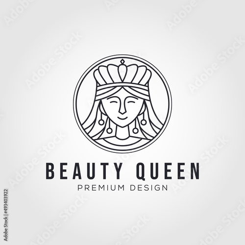 beauty queen with crown line art logo vector symbol illustration design
