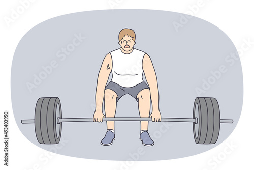 Strong sportsman lift heavy barbell train workout in gym follow healthy lifestyle. Powerful motivated male heavylifter do sport exercise with weights. Strength and durability. Vector illustration. 