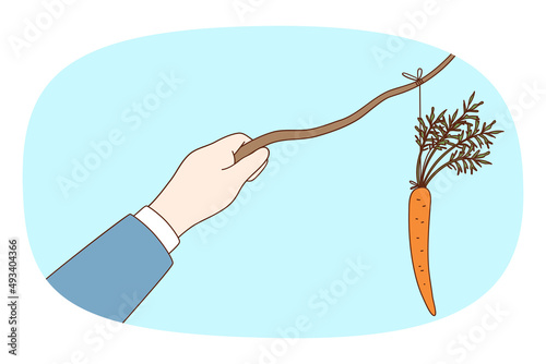 Businessman hand hold carrot on stick and thread manipulate and control employee or worker. Male leader or manipulator use reward and punishment technique. Flat vector illustration. 