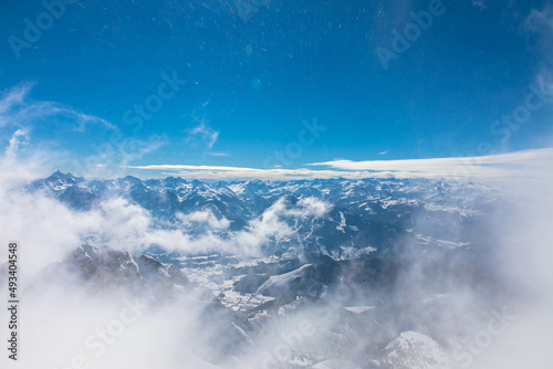 The snowy winter panorama of the Dachstein Alps. The Dachstein is the highest mountain in Upper Austria  Styria. Eternal ice in the Alps. Winter vacation