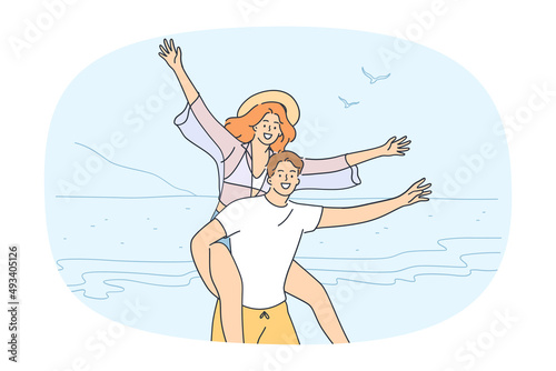 Overjoyed young couple have fun relax on beach enjoy summer holidays together. Smiling woman piggyback excited man lover spend vacation on sea or ocean. Flat vector illustration. 