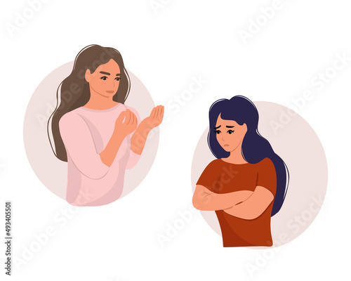 Women in a quarrel. Conflict between two women. Disagreement, resentment or misunderstanding in the family. Vector illustration