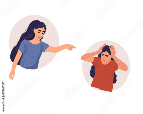 Conflicts between two women, mother and daughter, sisters or daughter-in-law and mother-in-law. Disagreement, resentment, or misunderstanding in the family. Women in a quarrel. Vector illustration