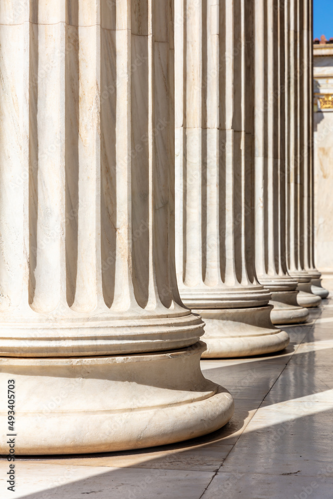 Classical Pillar white marble. Ancient Greek column row, architecture detail. close up Classical Pillar white marble. Ancient Greek column row, architecture detail. close up